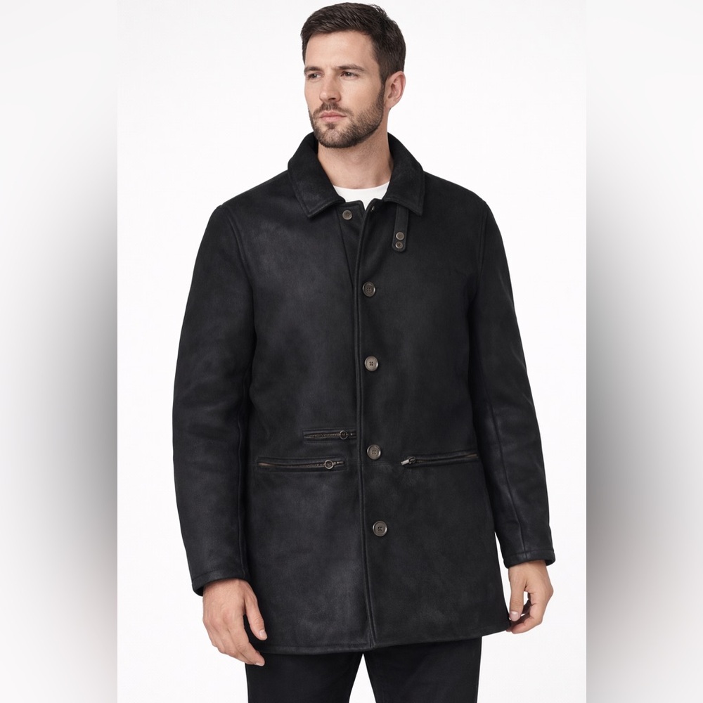 Seraphin France Mouton Sheepskin Jacket Black Size Medium Pockets Button-Up
